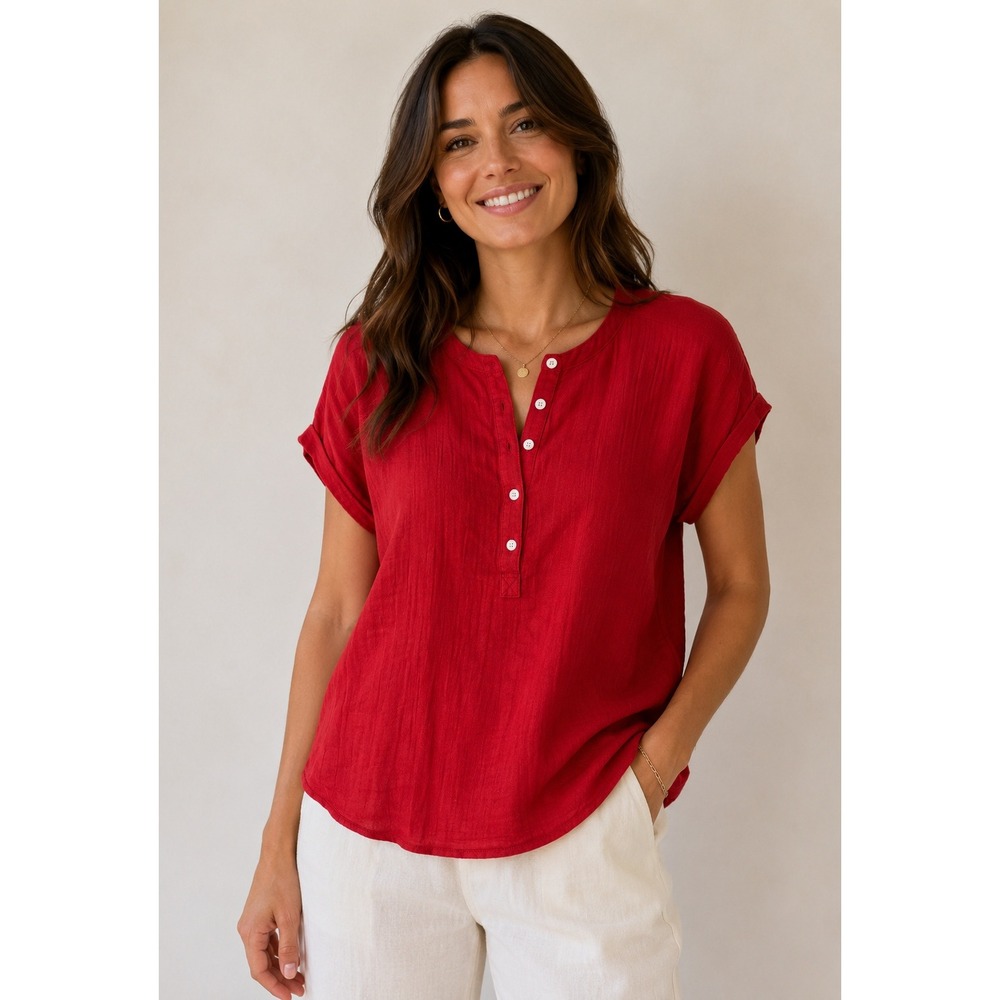Quince Cotton Gauze Henley Top Womens Small Red NEW Short Sleeve Button Front - Picture 2 of 9